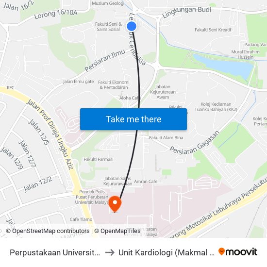 Perpustakaan Universiti Malaya (Opp) (Kl1109) to Unit Kardiologi (Makmal Kardiorespiratori & ECG) map