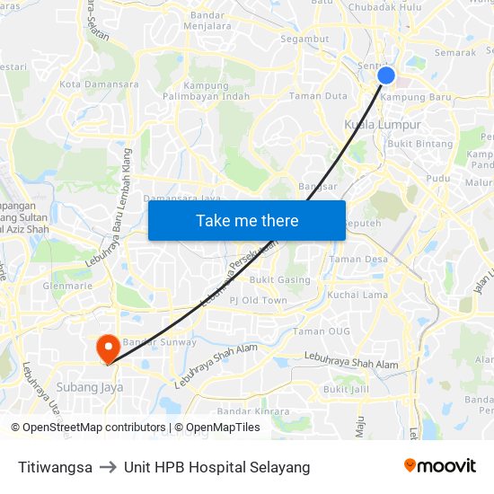 Titiwangsa to Unit HPB Hospital Selayang map