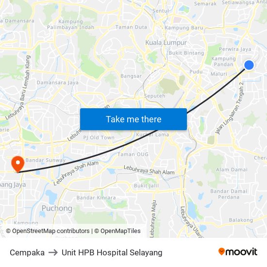 Cempaka to Unit HPB Hospital Selayang map