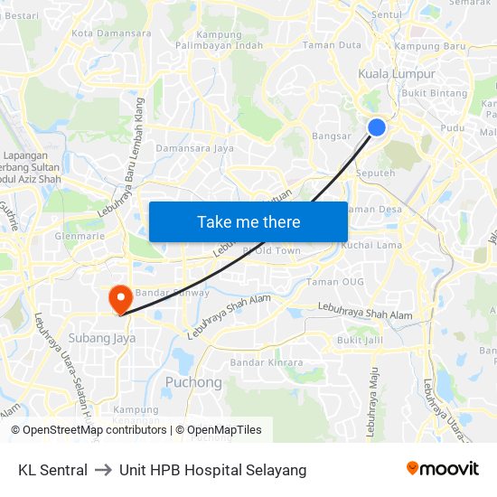 KL Sentral to Unit HPB Hospital Selayang map