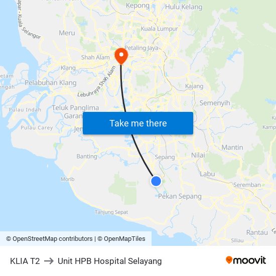 KLIA T2 to Unit HPB Hospital Selayang map