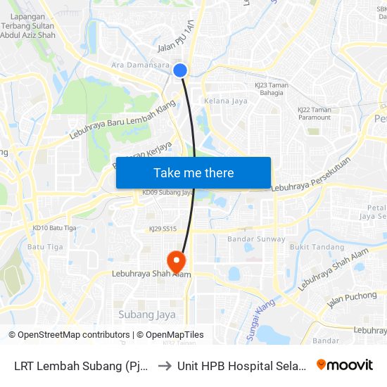 LRT Lembah Subang (Pj671) to Unit HPB Hospital Selayang map