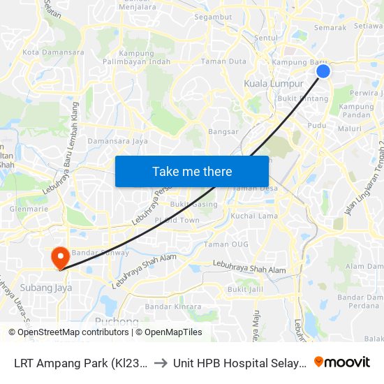 LRT Ampang Park (Kl2306) to Unit HPB Hospital Selayang map