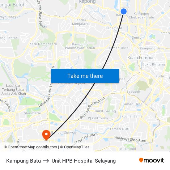 Kampung Batu to Unit HPB Hospital Selayang map