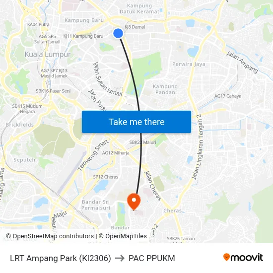 LRT Ampang Park (Kl2306) to PAC PPUKM map