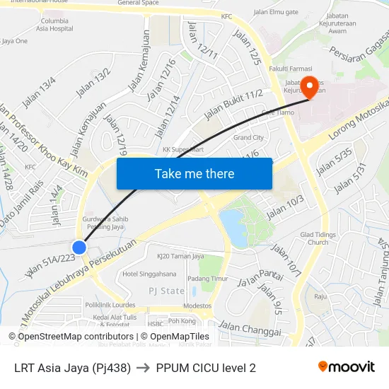 LRT Asia Jaya (Pj438) to PPUM CICU level 2 map