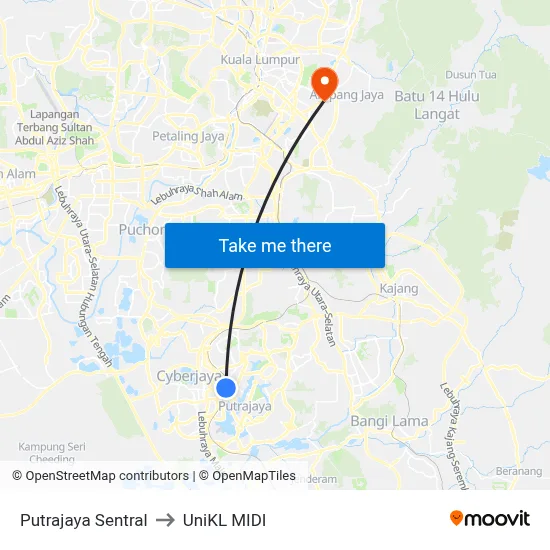 Putrajaya Sentral to UniKL MIDI map