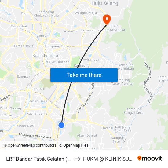 LRT Bandar Tasik Selatan (Kl152) to HUKM @ KLINIK SURGERI map