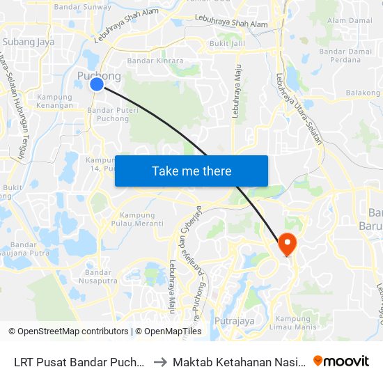 LRT Pusat Bandar Puchong (Sj735) to Maktab Ketahanan Nasional (MKN) map