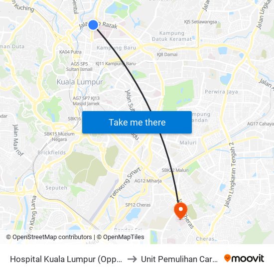 Hospital Kuala Lumpur (Opp) (Kl54) to Unit Pemulihan Carakerja map