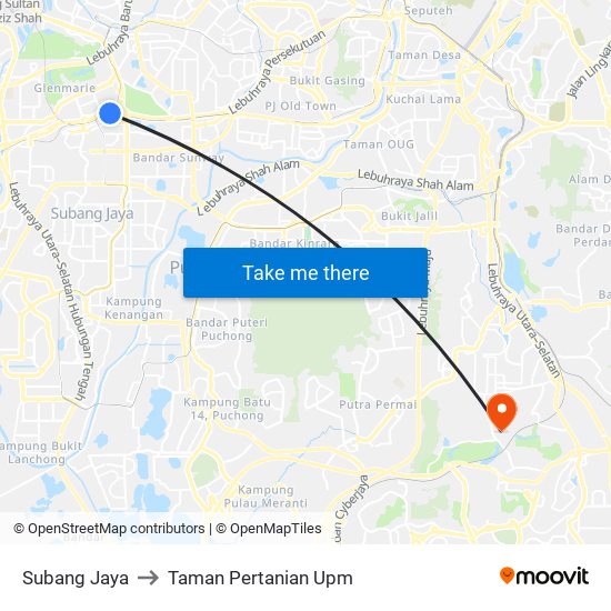 Subang Jaya to Taman Pertanian Upm map