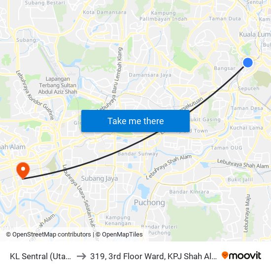 KL Sentral (Utara) (Kl1077) to 319, 3rd Floor Ward, KPJ Shah Alam Specialist Hospital map