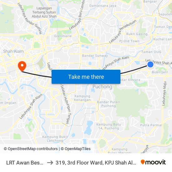 LRT Awan Besar (Kl2324) to 319, 3rd Floor Ward, KPJ Shah Alam Specialist Hospital map