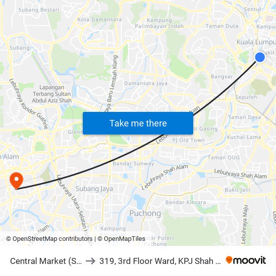 Central Market (Selatan) (Kl109) to 319, 3rd Floor Ward, KPJ Shah Alam Specialist Hospital map