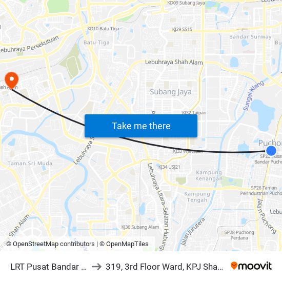 LRT Pusat Bandar Puchong (Sj735) to 319, 3rd Floor Ward, KPJ Shah Alam Specialist Hospital map
