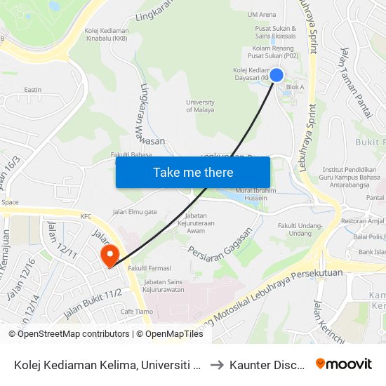 Kolej Kediaman Kelima, Universiti Malaya (Kl2343) to Kaunter Discaj PPUM map