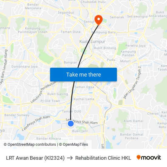 LRT Awan Besar (Kl2324) to Rehabilitation Clinic HKL map
