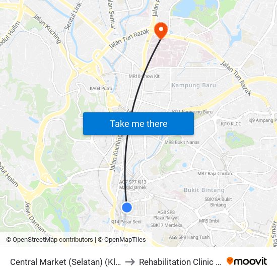 Central Market (Selatan) (Kl109) to Rehabilitation Clinic HKL map