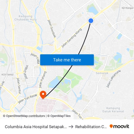 Columbia Asia Hospital Setapak (Opp) (Kl686) to Rehabilitation Clinic HKL map