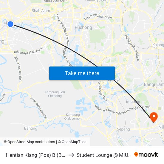 Hentian Klang (Pos) B (Bd664) to Student Lounge @ MIU, Nilai map