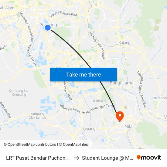 LRT Pusat Bandar Puchong (Sj735) to Student Lounge @ MIU, Nilai map