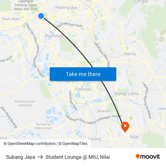 Subang Jaya to Student Lounge @ MIU, Nilai map