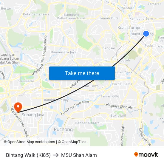 Bintang Walk (Kl85) to MSU Shah Alam map