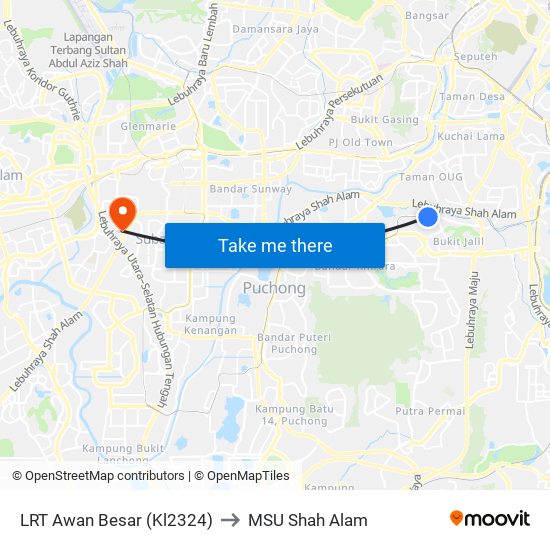 LRT Awan Besar (Kl2324) to MSU Shah Alam map