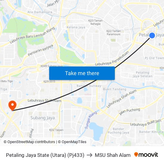 Petaling Jaya State (Utara) (Pj433) to MSU Shah Alam map