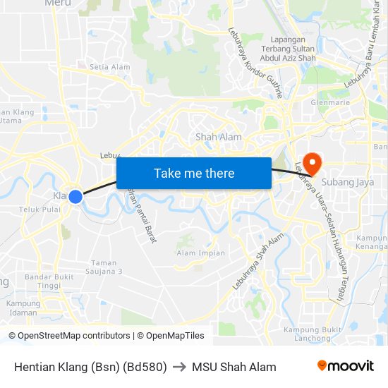 Hentian Klang (Bsn) (Bd580) to MSU Shah Alam map