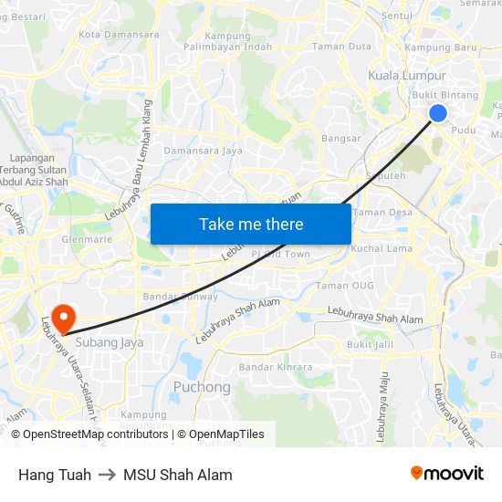 Hang Tuah to MSU Shah Alam map