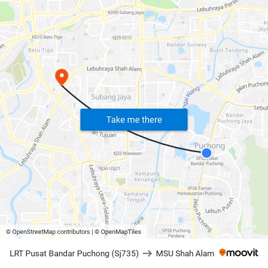 LRT Pusat Bandar Puchong (Sj735) to MSU Shah Alam map