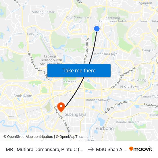 MRT Mutiara Damansara, Pintu C (Pj814) to MSU Shah Alam map