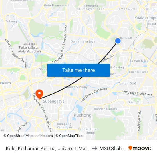 Kolej Kediaman Kelima, Universiti Malaya (Kl2343) to MSU Shah Alam map