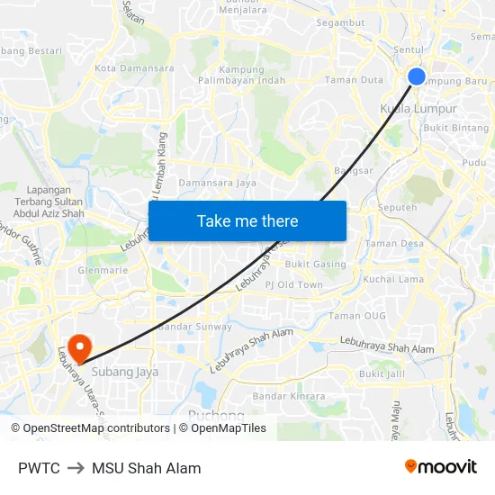 PWTC to MSU Shah Alam map