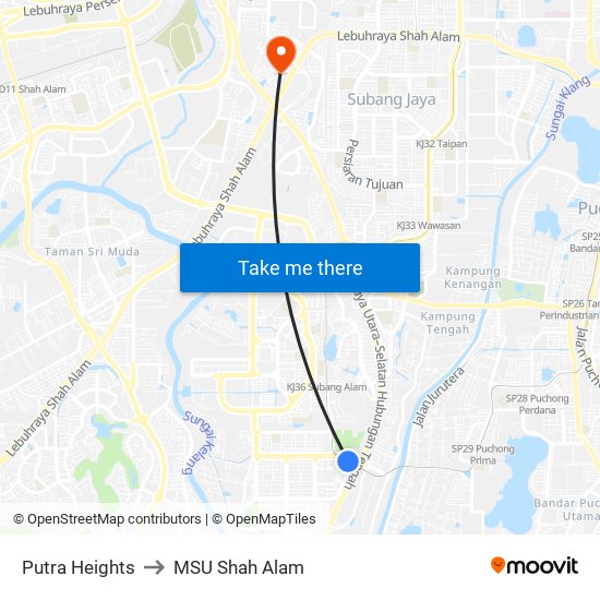 Putra Heights to MSU Shah Alam map