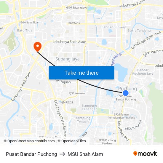 Pusat Bandar Puchong to MSU Shah Alam map