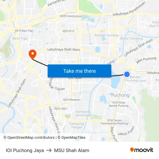 IOI Puchong Jaya to MSU Shah Alam map