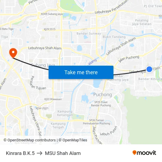 Kinrara B.K.5 to MSU Shah Alam map