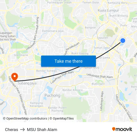 Cheras to MSU Shah Alam map