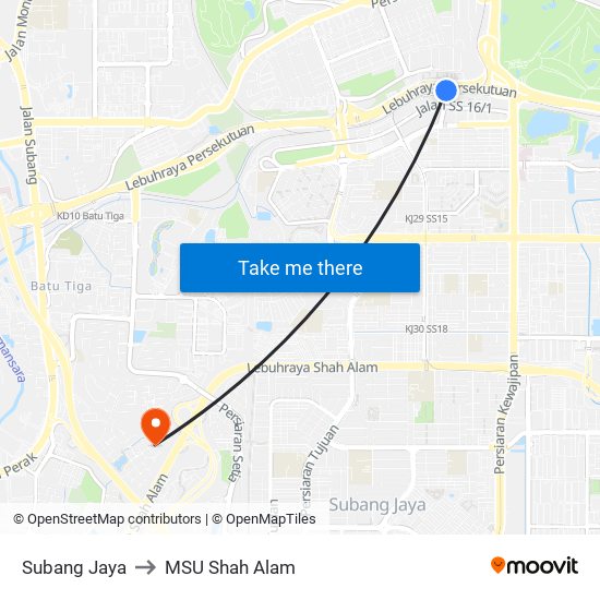 Subang Jaya to MSU Shah Alam map