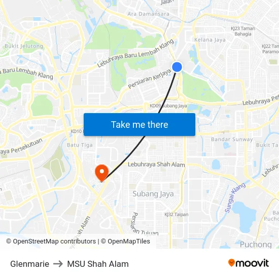 Glenmarie to MSU Shah Alam map