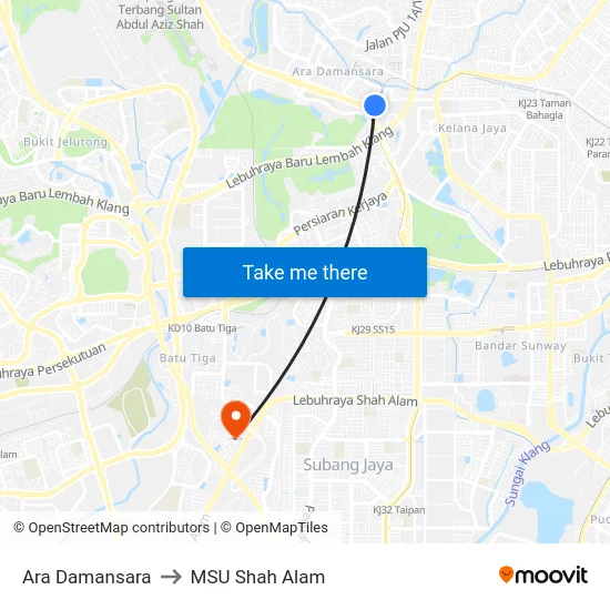Ara Damansara to MSU Shah Alam map