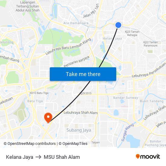 Kelana Jaya to MSU Shah Alam map