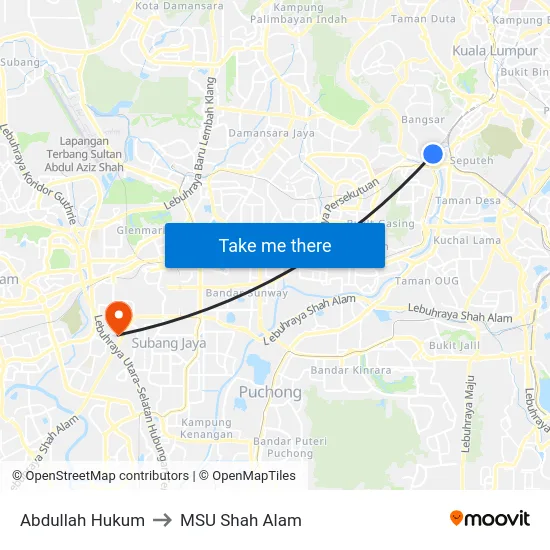 Abdullah Hukum to MSU Shah Alam map