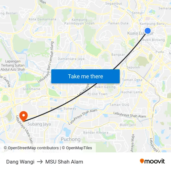 Dang Wangi to MSU Shah Alam map