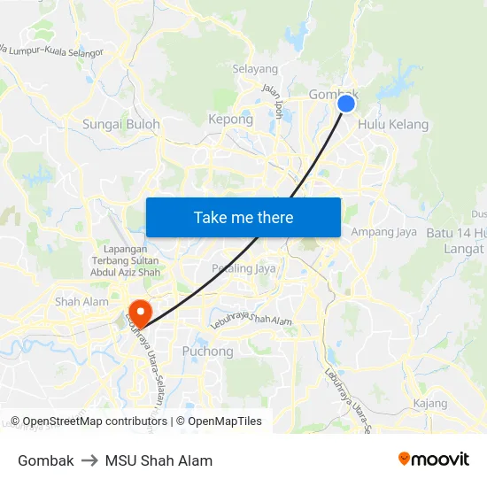 Gombak to MSU Shah Alam map