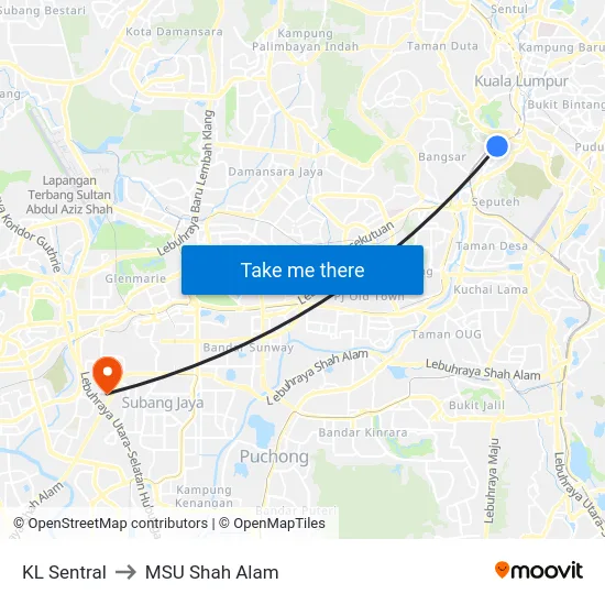KL Sentral to MSU Shah Alam map