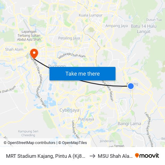 MRT Stadium Kajang, Pintu A (Kj822) to MSU Shah Alam map