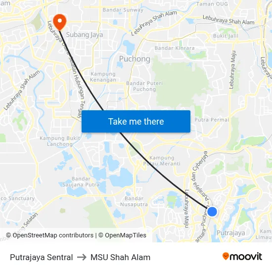 Putrajaya Sentral to MSU Shah Alam map